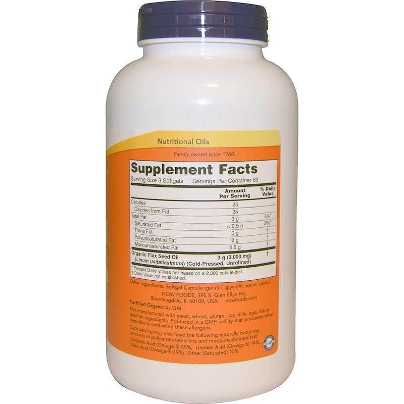 Now Foods - Flax Oil Organic 1000 mg - 250 дражета - Image 2