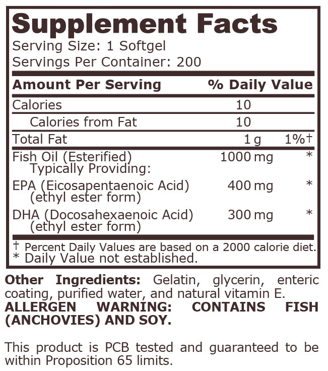 Pure Nutrition - Super Omega 3 Fish Oil - 1000 mg - 400 EPA / 300 DHA - 200 дражета Back